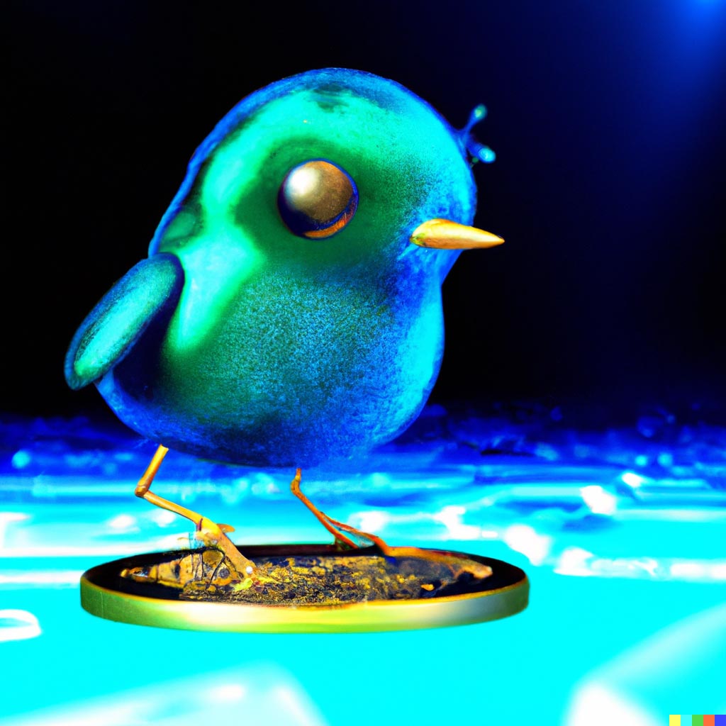 DALL·E prompt: A cute blue bluebird with blue feathers, standing on a scary floating liquid shiny blockchain metal blob of metal, purple blue and green lighting
